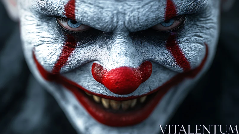 Nightmarish clown close-up with sinister crimson streaks.