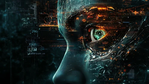 Neon circuitry dreams flicker behind a cybernetic human gaze