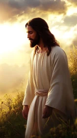 Serene robed figure walks through golden sunrise fields in prayer