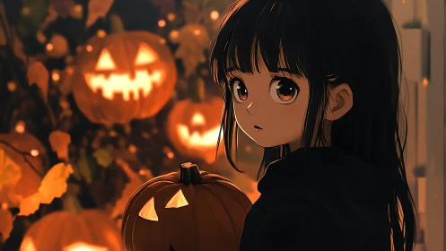 Quiet moon-eyed girl trades glances with glowing pumpkins