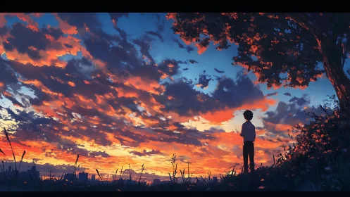 Solitary silhouette observing high-saturation anime sunset sky