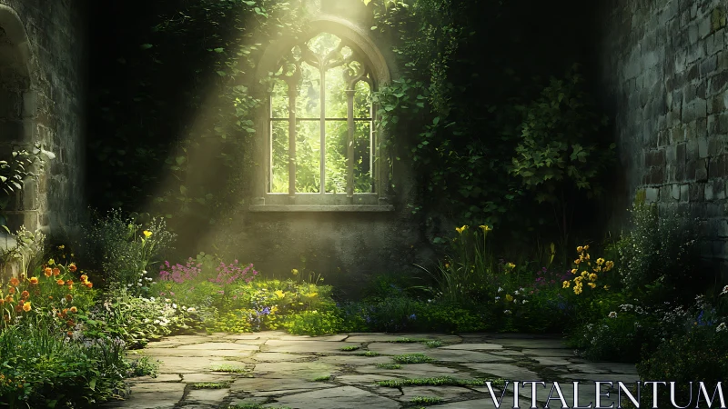 Sunlit stone courtyard frames lush overgrown garden interior.