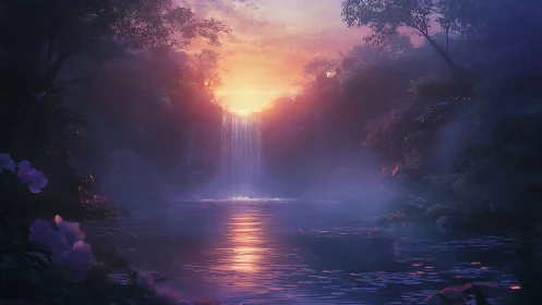 Sunlit waterfall glows through mist in a tranquil jungle cove