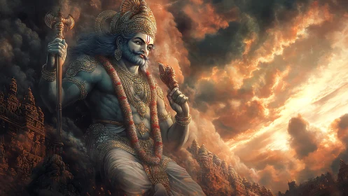 Divine warrior strides above temple city in blazing sky.