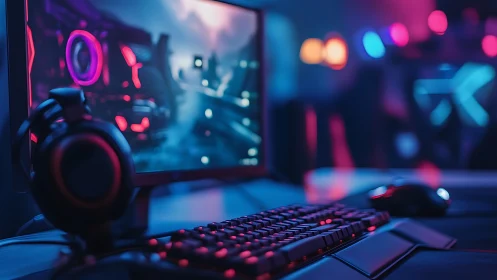 Neon-lit gaming battlestation hums in electric twilight glow.