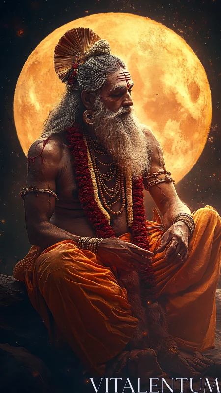 Mystic sage under full moon with glowing celestial backdrop.