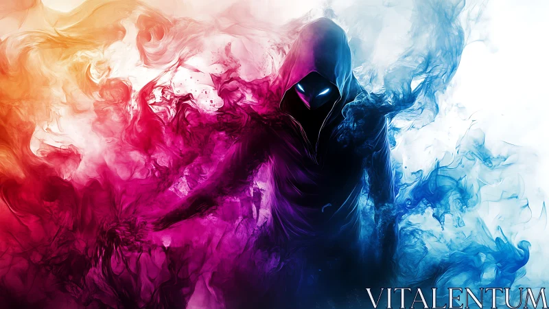 Hooded spectral figure emerging through neon smoke storm.