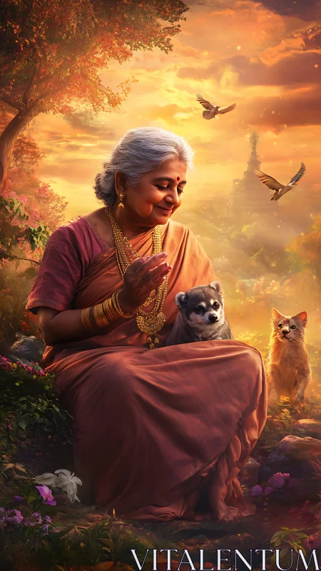 Elderly woman cradles puppy amid golden sunset garden