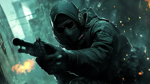 Tactical soldier aiming rifle in smoky urban combat zone.