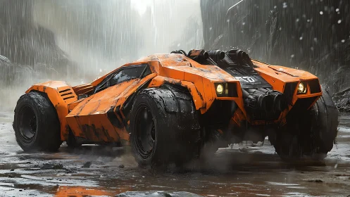 Rain-forged orange war rover prowls a misty canyon road.