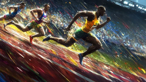 Sprinters accelerate through saturated stadium motion field.