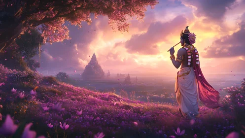 Divine flutist serenades a glowing mythic valley at dusk.
