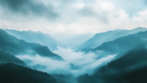 Fog-draped alpine valley with layered cyan mountain silhouettes.