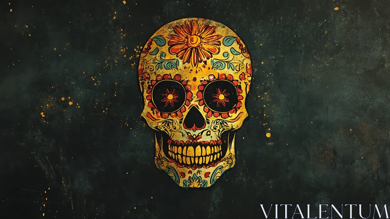 Colorful sugar skull artwork on dark textured background.