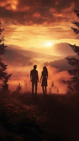 Silhouetted figures in misty mountain landscape at sunset.
