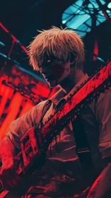 Blood-soaked anime slayer holding chainsaw in neon inferno.
