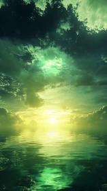 Dreamy emerald sunrise over calm reflective ocean waters.