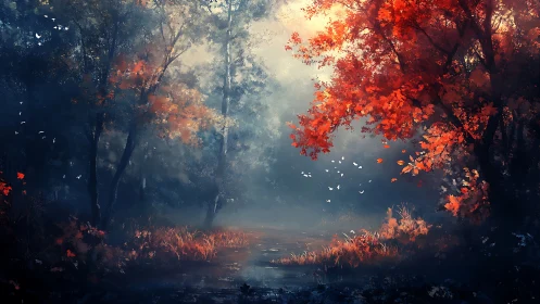 Autumn Forest Awakens: Where Crimson Canopies Meet Mist