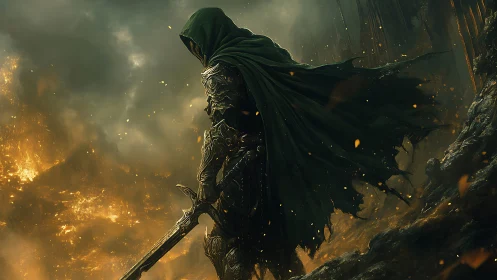 Hooded armored warrior stands over burning fantasy landscape