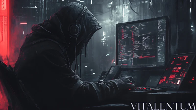 Hooded computer operator in dark workspace with code displays.