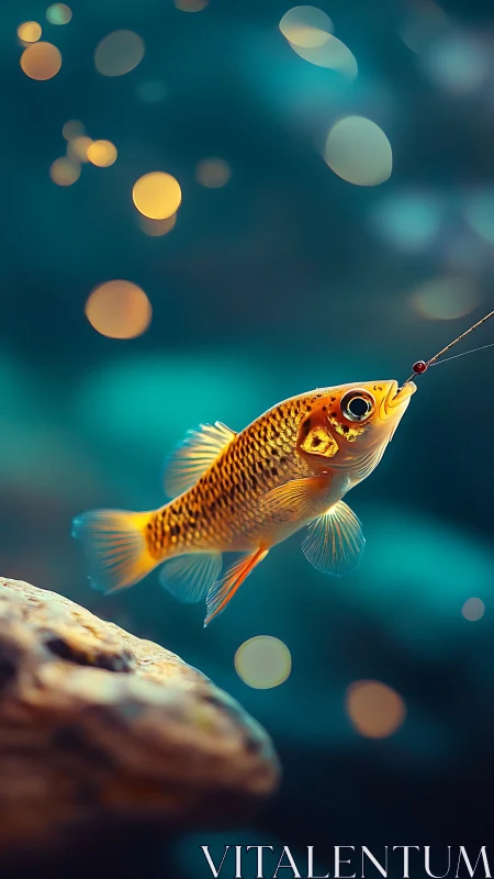 Golden tropical fish near hook in dreamy bokeh water.