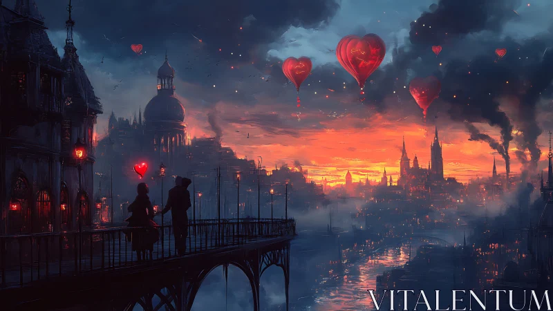 Lovers Lost in Neon Dreams: Urban Skyline of Glowing Hearts