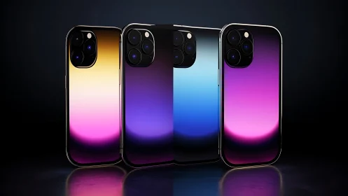 3D gradient smartphones in reflective studio product arrangement.