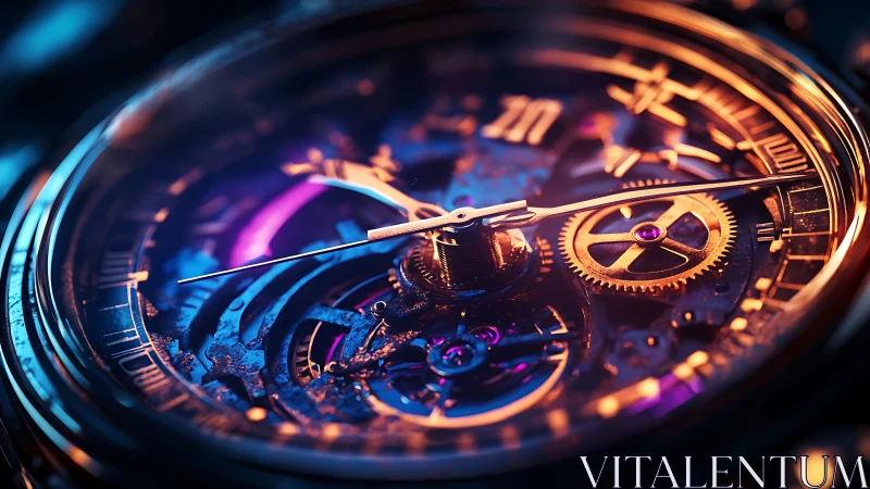 Luminous skeleton watch macro with neon gear reflections.