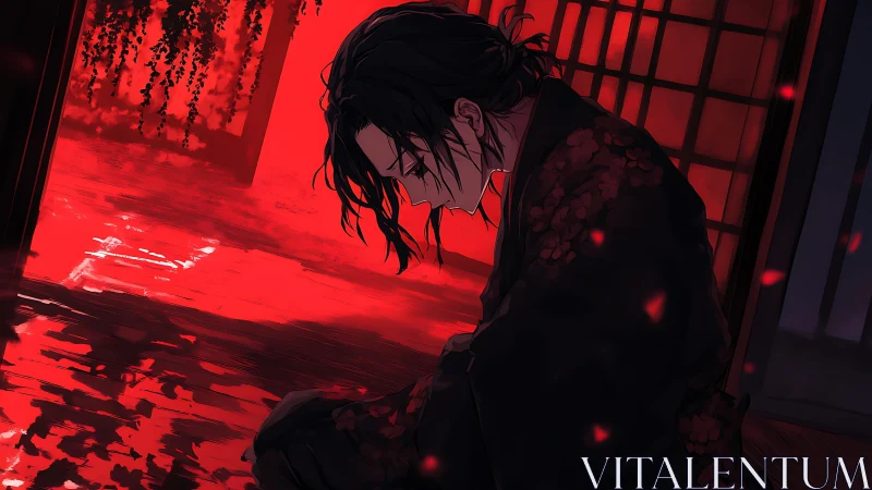 Person kneels indoors in red backlight and shadow contrast