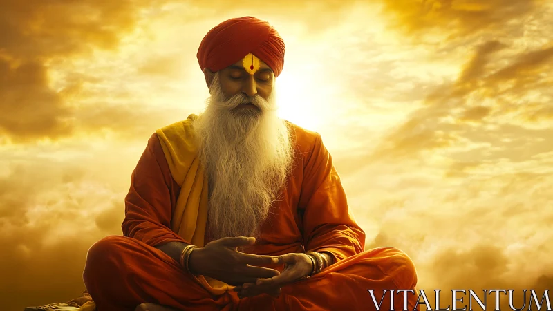 Golden sky meditation with serene sage in soft sunlight.