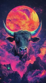 Cosmic bull head under glowing planet in neon sky.