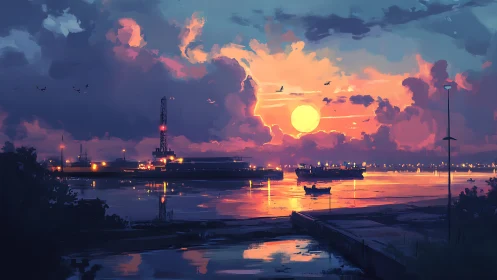 Harbor sunfire drifting across twilight clouds and silent ships.