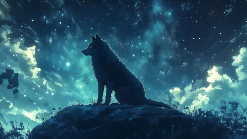 Celestial backlit wolf silhouette under dense starfield sky.