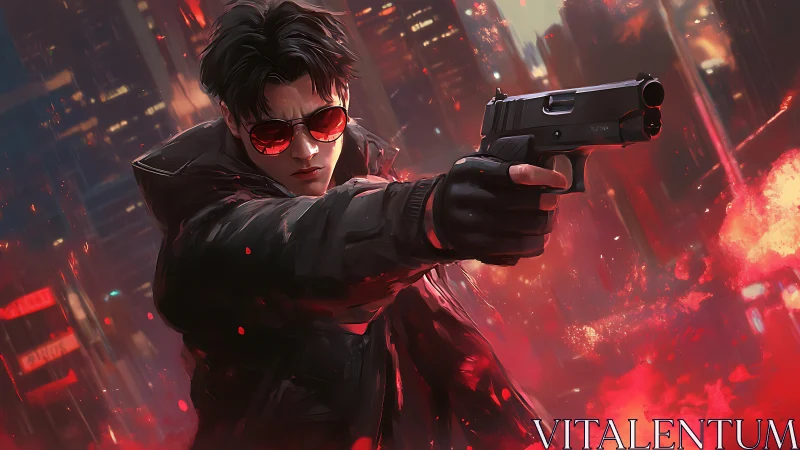 Neon gunfighter storms the crimson city night in silence.