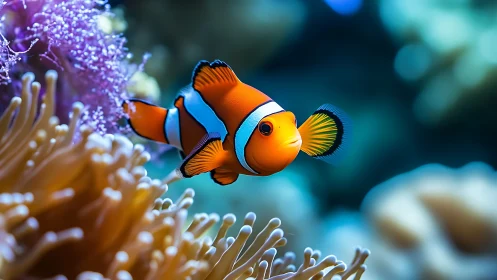 Clownfish in sharp midwater profile amid anemone tentacle bokeh
