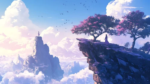 Distant figures on twin cliffs in ethereal sky landscape.