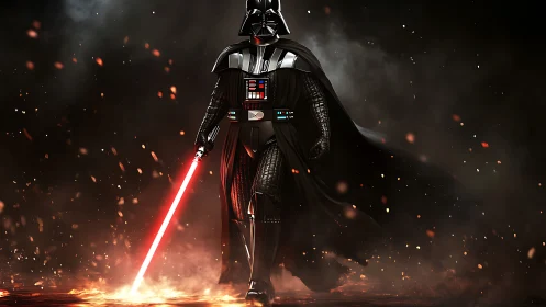 Armored dark warrior strides through embers with ignited blade