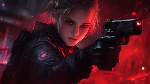 Armed heroine locks target under neon red city glow.