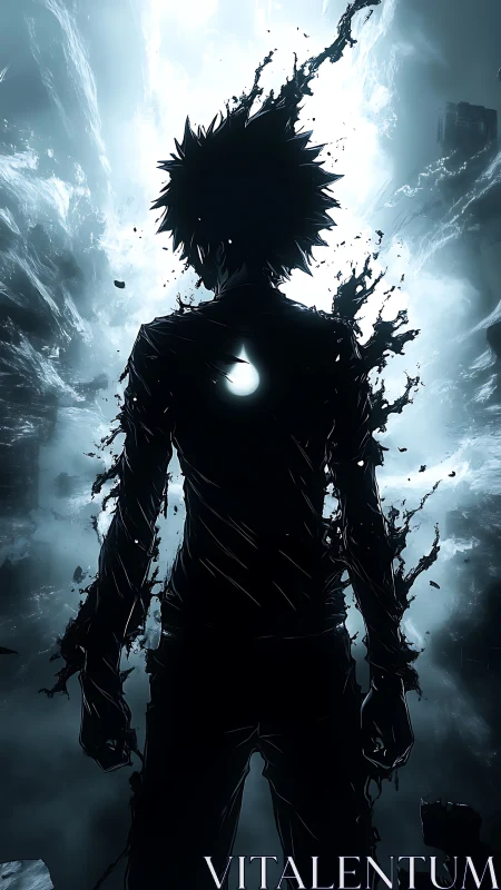 Shadowed anime figure stands before erupting light portal.