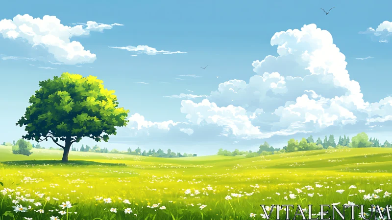 Solitary summer oak guarding a bright wildflower meadow.