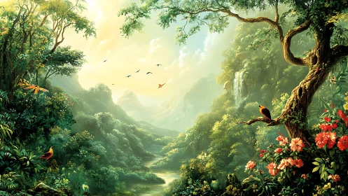 Luminous tropical valley panorama with birds and waterfall