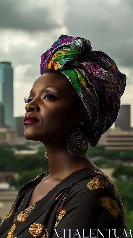 Portrait shows woman in patterned headwrap against city skyline
