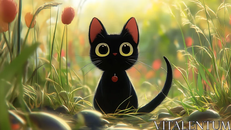 Black kitten with red collar in luminous spring meadow.