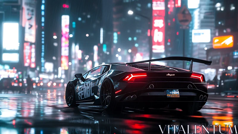 Midnight supercar drifting through neon soaked city streets.