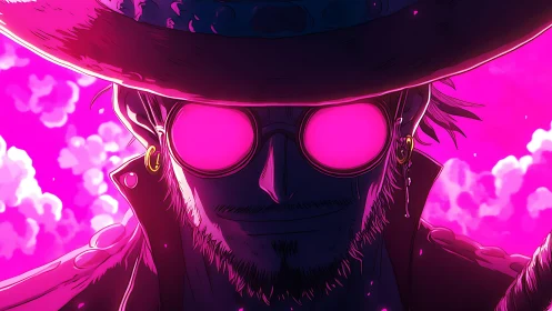 Silhouetted figure in hat with neon pink reflective glasses.