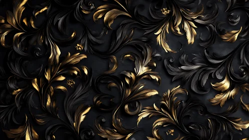 Golden baroque leaves dancing over deep charcoal swirls.