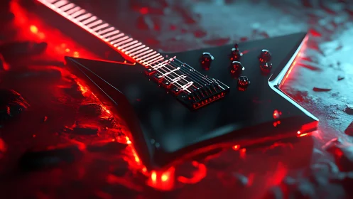 Parametric neon-lit metal guitar on molten reflective surface.