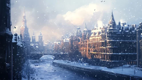 Snowlit European riverfront beneath glowing winter sky.