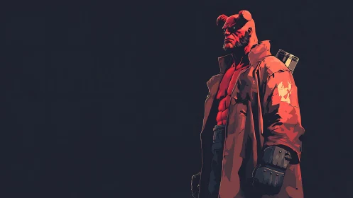 Red-skinned horned humanoid in cel-shaded trench coat under raking light