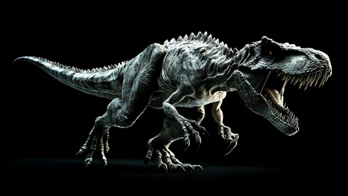 High-contrast 3D tyrannosaurus rex render on black background